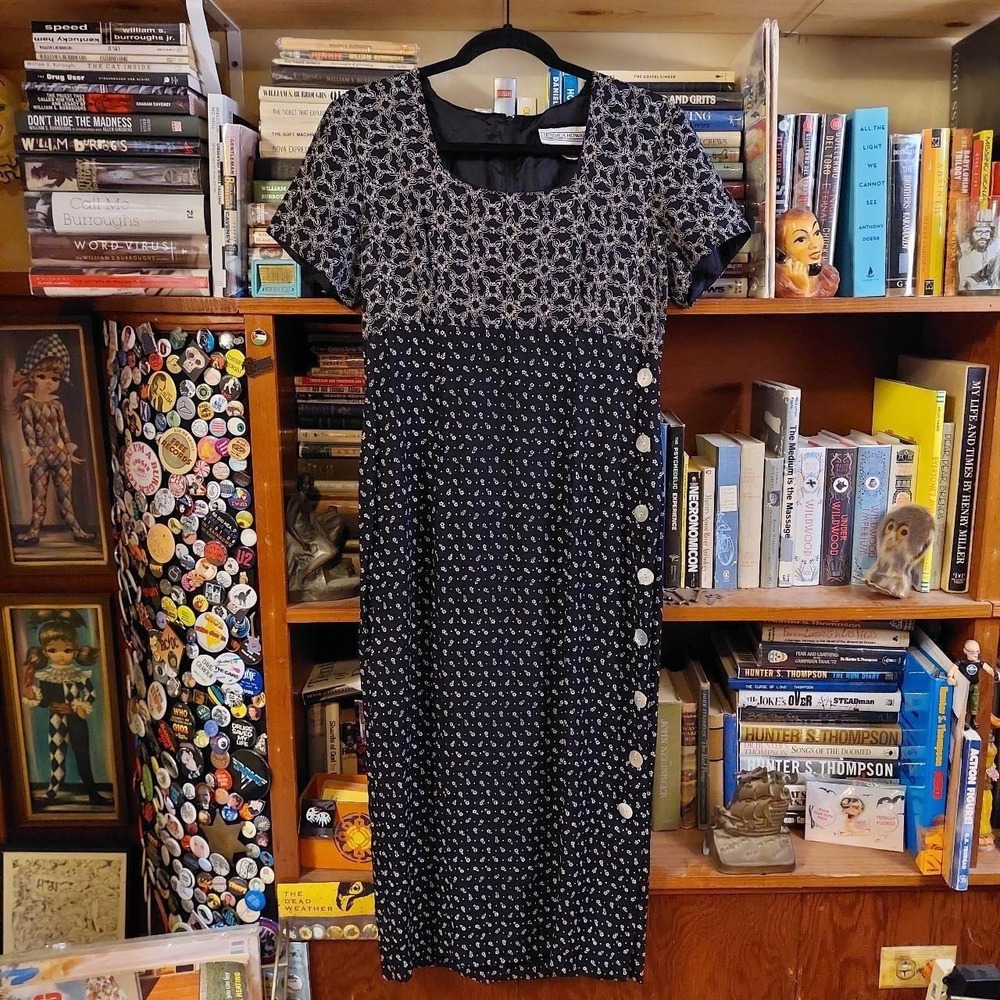 Vintage black and white floral print long dress with button detail down the side